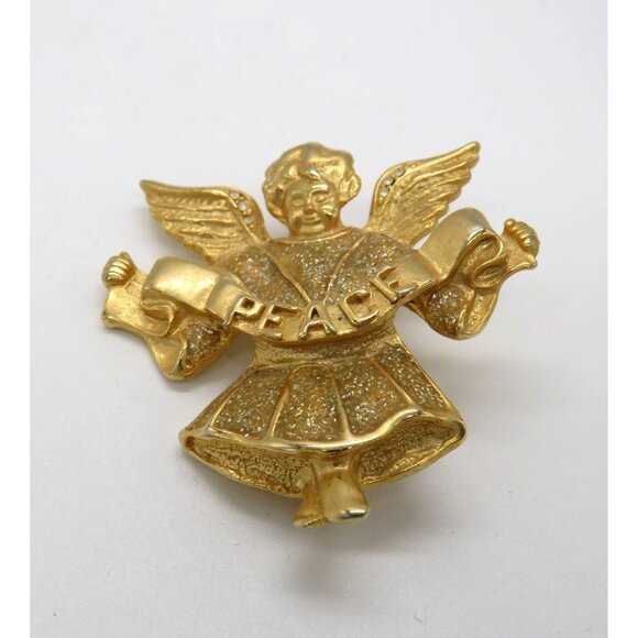 Angel Brooch Gold Tone Clear Rhinestones 2" Pin Peace Banner Glitter Enamel - Picture 4 of 14